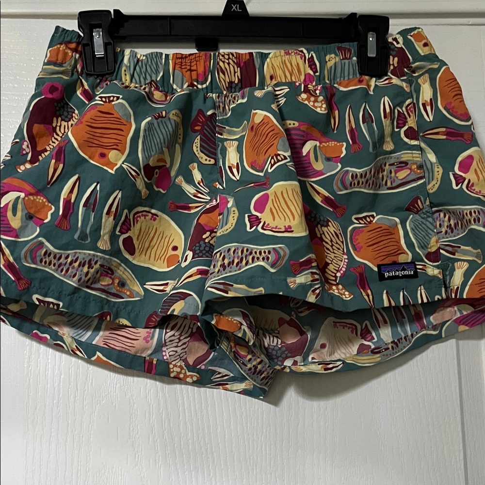 Patagonia Teal Fish-Print Athletic Shorts with Multicolor Accents